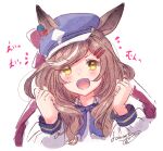  1girl :d animal_ears blue_bow blue_headwear bow brown_hair cabbie_hat clenched_hands collared_shirt cropped_torso ears_through_headwear hair_ornament hairclip hands_up hat horse_ears ittokyu long_hair long_sleeves matikane_tannhauser_(umamusume) multicolored_hair puffy_long_sleeves puffy_sleeves shirt signature simple_background smile solo streaked_hair translation_request umamusume upper_body v-shaped_eyebrows white_background white_hair white_shirt yellow_eyes 