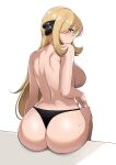  1girl absurdres ass azmi_yudista back bare_shoulders bikini bikini_bottom_only black_bikini blonde_hair breasts commission cynthia_(pokemon) english_commentary from_behind grey_eyes hair_ornament highres large_breasts long_hair looking_at_viewer looking_back pokemon pokemon_(game) pokemon_dppt sideboob simple_background sitting solo sweat swimsuit topless white_background 