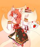  1girl absurdres animal_ears atelia13 braid breasts cake cup eight-tailed_fox_nari food fox_ears fox_girl fox_tail grey_eyes guardian_tales highres korean_clothes kumiho long_hair multiple_tails one_eye_closed orange_hair self-upload simple_background solo tail teapot tongue 