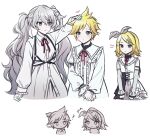  1boy 25-ji_miku 25-ji_night_code_de._(project_sekai) 2girls ? bangs blonde_hair blue_eyes blush bow_hairband buttons closed_mouth collared_shirt commentary_request fingernails frilled_shirt_collar frilled_sleeves frills grey_hair hairband hatsune_miku headpat heterochromia highres kagamine_len kagamine_rin kheng_prsk korean_commentary long_hair long_sleeves multiple_girls multiple_hairpins nail_polish neck_ribbon pink_eyes project_sekai red_ribbon ribbon shirt short_hair twintails upper_body vocaloid white_background 