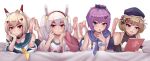  4girls absurdres animal_ears ayanami_(azur_lane) azur_lane bandaid bangs bare_shoulders barefoot bed beret black_bow black_choker blonde_hair blue_eyes book bow bracelet brown_gloves brown_hair cape chaye_mo choker closed_mouth elbow_gloves fake_animal_ears feet foot_focus full_body gloves green_eyes hair_bow hand_on_own_cheek hand_on_own_face hat headband highres holding holding_book jacket javelin_(azur_lane) jewelry laffey_(azur_lane) legs_up long_hair looking_at_viewer lying multiple_girls on_stomach open_mouth orange_eyes pink_eyes pink_jacket ponytail purple_cape purple_hair rabbit_ears sailor_collar shirt short_hair smile soles the_pose toes twintails white_background white_gloves white_hair white_shirt z23_(azur_lane) 