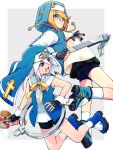  2boys androgyne_symbol aqua_eyes azuma_yukihiko bike_shorts bike_shorts_under_skirt black_gloves black_shorts black_skirt blonde_hair blue_dress blue_eyes bow bridget_(guilty_gear) bridget_(guilty_gear)_(cosplay) cosplay cross cuffs dress fingerless_gloves genis_sage gloves guilty_gear guilty_gear_strive guilty_gear_xx habit handcuffs highres holding holding_toy hood hood_up hooded_jacket hoodie jacket kendama latin_cross long_sleeves looking_at_another looking_back male_focus mars_symbol medium_hair mithos_yggdrasill multiple_boys nun open_clothes open_hoodie open_mouth otoko_no_ko puffy_long_sleeves puffy_sleeves ribbon shorts skirt tales_of_(series) tales_of_symphonia toy white_hair yellow_bow yellow_ribbon 