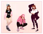  1girl alternate_costume artist_name baseball_cap beanie black_jacket black_shorts brown_eyes brown_hair casual closed_eyes commentary contrapposto d.va_(overwatch) facial_mark hand_on_hip hand_on_own_head hat hood hooded_sweater jacket midriff navel off_shoulder overwatch overwatch_1 pants pink_sweater shirt shoes short_shorts shorts sneakers south_korean_flag squatting sweater t-shirt tied_shirt torn_clothes torn_pants v vicki_tsai whisker_markings yoga_pants 