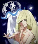  1girl bangs blonde_hair blunt_bangs breasts collarbone commentary_request echizen_(n_fns17) eyelashes green_eyes grin hand_on_own_chin hands_up highres long_hair looking_down lusamine_(pokemon) nail_polish nihilego nude outdoors pokemon pokemon_(creature) pokemon_(game) pokemon_sm smile space stroking_own_chin yellow_nails 
