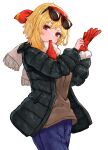  1girl adjusting_clothes adjusting_gloves bangs blonde_hair eyewear_on_head fur_trim gloves hololive hololive_indonesia jacket kaela_kovalskia looking_at_viewer medium_hair pensuke red_eyes simple_background solo sunglasses virtual_youtuber white_background 