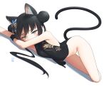  1girl animal_ears arcbun armpits bare_shoulders black_dress black_gloves black_hair blue_archive breasts cat_ears cat_tail china_dress chinese_clothes double_bun dragon_print dress gloves grey_eyes hair_bun hair_ornament highres kisaki_(blue_archive) long_hair looking_at_viewer lying navel no_panties on_side small_breasts solo tail twintails 