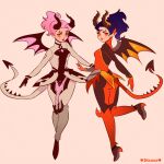  2girls artist_name black_gloves breasts commentary demon_girl demon_horns demon_tail demon_wings devil_mercy dual_persona english_commentary gloves horns mercy_(overwatch) multiple_girls orange_eyes orange_gloves overwatch pink_eyes pink_hair ponytail purple_hair small_breasts tail turtleneck vicki_tsai wings 