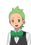  1boy :d black_vest bow bowtie cilan_(pokemon) commentary_request green_bow green_bowtie green_eyes green_hair lowres male_focus miyawaki no_sclera open_mouth pokemon pokemon_(anime) pokemon_bw_(anime) shirt short_hair simple_background smile solo tongue upper_body vest white_background white_shirt 