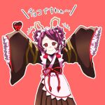  +++ 1girl antennae apron arthropod_girl bad_id bad_pixiv_id blush_stickers brown_kimono candy chocolate closed_mouth commentary commentary_request double_bun entoma_vasilissa_zeta extra_pupils fangs food hair_bun heart heart-shaped_chocolate japanese_clothes kagayaku_namahamu kimono looking_at_viewer maid maid_headdress outline outstretched_arms overlord_(maruyama) partial_commentary purple_hair red_background red_eyes red_ribbon ribbon short_hair simple_background skin_fangs sleeves_past_wrists smile solo translated valentine white_apron white_outline 
