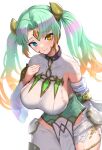  1girl absurdres aqua_eyes breasts collarbone corruption fire_emblem fire_emblem_heroes forehead_jewel gonzarez green_eyes green_hair hand_on_own_chest heidr_(fire_emblem) highres large_breasts looking_at_viewer multicolored_hair pelvic_curtain smile solo thighs twintails white_background 