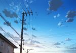  anyotete blue_sky building cloud commentary_request dawn highres house morning no_humans original outdoors power_lines scenery sky utility_pole window 