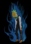  1boy black_background black_pants black_vest blue_fire bow bowtie brown_footwear buttons cilan_(pokemon) commentary_request fire full_body green_bow green_bowtie green_hair hunched_over long_sleeves male_focus mask medium_hair miyawaki pants pokemon pokemon_(anime) pokemon_bw_(anime) shirt shoes solo standing vest white_shirt yamask 