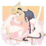  2girls :o absurdres animal_ear_fluff animal_ears bare_legs barefoot black_hair black_tail blonde_hair blue_eyes cat_ears cat_girl fps_xilou frilled_hairband frills from_behind full_body gradient_background hair_between_eyes hair_ribbon hairband highres long_hair looking_at_viewer looking_back low_twintails multiple_girls one_knee orange_background original panties panty_lift pink_background red_eyes red_ribbon ribbon short_hair squatting tails_touching tiptoes topless twintails underwear white_panties yellow_tail 