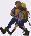  2boys absurdres arven_(pokemon) backpack bag belt blush boots breast_pocket brown_eyes brown_hair closed_mouth florian_(pokemon) from_side highres kneehighs long_hair looking_up male_focus multiple_boys necktie open_clothes open_vest pants pocket pokemon pokemon_(game) pokemon_sv shirt shoes short_hair short_sleeves shorts simple_background socks thxzmgn vest walking white_background yellow_bag 