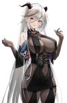  1girl absurdly_long_hair absurdres aegir_(azur_lane) azur_lane bangs black_cape bodystocking breast_curtains breasts cape covered_navel cross cross-laced_clothes cross_earrings demon_horns earrings hai_binggan hands_up highres horns jewelry large_breasts long_hair multicolored_hair red_hair simple_background smile solo standing streaked_hair underbust very_long_hair white_background white_hair yellow_eyes 