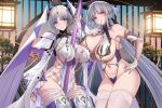  2girls blue_eyes breasts bridal_gauntlets closed_mouth echocalypse elbow_gloves facial_mark finger_to_own_chin forehead_mark gloves grey_hair hand_on_hip highres large_breasts levia_(echocalypse) light_blush long_hair looking_at_viewer multiple_girls skindentation smile standing thai_commentary thighhighs twintails very_long_hair xter 