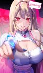  1girl absurdres badamon bangs blonde_hair blue_nails blurry blurry_foreground breasts cleavage crop_top goddess_of_victory:_nikke hand_up heart_collar highres large_breasts long_hair looking_at_viewer parted_lips pink_eyes reaching_towards_viewer smile solo speech_bubble upper_body viper_(nikke) zipper_pull_tab zoom_layer 