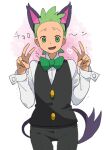  1boy :d animal_ears black_pants black_vest bow bowtie buttons cat_ears cat_tail cilan_(pokemon) commentary_request double_v green_bow green_bowtie green_eyes green_hair hands_up heart long_sleeves male_focus miyawaki no_sclera open_mouth pants pokemon pokemon_(anime) pokemon_bw_(anime) pokemon_ears pokemon_tail purrloin shirt short_hair smile solo sweat tail tongue trembling v vest white_background white_shirt 