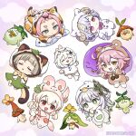 6+girls :&lt; :d :o ahoge animal_ears animal_hood aranara_(genshin_impact) artist_name bangs bangs_pinned_back bear_ears bear_tail blonde_hair blunt_bangs blush bow bowtie brown_horns brown_pajamas buttons cat_ears cat_tail chibi closed_eyes closed_mouth cloud commentary cross-shaped_pupils curled_horns diona_(genshin_impact) dodoco_(genshin_impact) dori_(genshin_impact) english_commentary expressionless eyelashes fake_animal_ears fake_horns fake_tail fish_pillow forehead full_body genshin_impact green_eyes green_hair grey_hair hair_between_eyes hair_ornament hairclip hand_up hood hood_up horns jinni_(genshin_impact) klee_(genshin_impact) leaf leaf_on_head long_hair long_sleeves looking_at_another looking_to_the_side low_twintails lying medium_hair multicolored_hair multiple_girls nahida_(genshin_impact) ofuda on_back on_stomach open_mouth paimon_(genshin_impact) pajamas pillow pink_hair pink_pajamas pom_pom_(clothes) ponytail purple_bow purple_bowtie purple_eyes purple_hair qiqi_(genshin_impact) raccoon_ears raccoon_tail red_eyes sayu_(genshin_impact) sheep_ears sheep_horns short_eyebrows short_hair short_hair_with_long_locks side_ponytail sidelocks simple_background sleeping smile star_(symbol) star_hair_ornament streaked_hair sumipic symbol-shaped_pupils tail thick_eyebrows twintails watermark white_hair white_pajamas yellow_eyes 