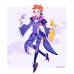  1girl artist_name breasts commentary english_commentary fire full_body half_mask heterochromia lips magic mask moira_(overwatch) orange_hair overwatch overwatch_1 purple_eyes red_eyes short_hair small_breasts smile solo vicki_tsai wide_sleeves 