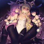  3girls animal_ears armpits arms_behind_back arms_up ass bare_shoulders bdsm black_hair black_leotard black_pantyhose blonde_hair bondage bound bound_ankles breasts cad_(caddo) choker commentary english_commentary fake_tail fate/grand_order fate_(series) gloves high_heels highres hildr_(fate) leotard medium_breasts multiple_girls nipples ortlinde_(fate) pantyhose purple_hair purple_leotard rabbit_ears rabbit_tail red_eyes strapless strapless_leotard tail thigh_strap thighs thrud_(fate) valkyrie_(fate) white_gloves white_leotard 