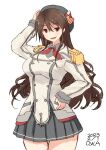  1girl ashigara_(kancolle) beret breasts brown_eyes brown_hair buttons cosplay dated double-breasted epaulettes frilled_sleeves frills gloves grey_skirt hat highres jacket kantai_collection kashima_(kancolle) kashima_(kancolle)_(cosplay) large_breasts long_hair looking_at_viewer military military_jacket military_uniform miniskirt neckerchief owa_(ishtail) pleated_skirt red_neckerchief signature simple_background skirt solo uniform wavy_hair white_background white_gloves white_jacket 