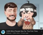  1boy 1girl absurdres ahoge bandaged_head bandages beard black_hair black_shirt blind_girl_(popopoka) boonie_baby brown_hair brown_sweater crying crying_with_eyes_open facial_hair fake_video freckles grey_eyes grin highres long_sleeves looking_at_viewer meme mrbeast one_eye_closed original real_life red_ribbon ribbon shirt short_hair smile sweater tears teeth upper_body youtube 