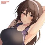  1girl :o ashigara_(kancolle) black_one-piece_swimsuit breasts brown_eyes brown_hair collarbone competition_swimsuit dated hairband kantai_collection large_breasts long_hair looking_at_viewer m.a.o one-piece_swimsuit open_mouth solo swimsuit twitter_username upper_body wavy_hair white_background 