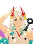  1girl breasts curled_horns earrings gradient_hair green_hair hair_ornament highres horns japanese_clothes jewelry kimono kojima_takashi large_breasts long_hair multicolored_hair multicolored_horns one_piece oni orange_eyes red_horns simple_background sleeveless smile solo teeth tree_shade white_background white_hair yamato_(one_piece) 