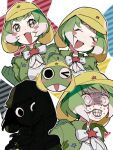  03sa40 1boy 1girl black_eyes bow bowtie elbow_gloves frog gloves green_hair hat jacket kemono_friends kemono_friends_3 keroro keroro_(kemono_friends) keroro_gunsou looking_at_viewer multicolored_hair one_eye_closed shirt short_hair simple_background smile star_(symbol) two-tone_hair white_hair 