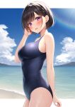  1girl bangs bare_arms bare_shoulders black_hair blue_one-piece_swimsuit blush braid breasts commentary_request covered_navel from_side hand_in_own_hair inoue_yurina karutamo large_breasts looking_at_viewer looking_to_the_side one-piece_swimsuit original outdoors parted_lips purple_eyes school_swimsuit short_hair solo swimsuit water wet 