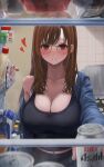  1girl akiyama_akane alcohol beer beer_can blush breasts brown_eyes brown_hair can cleavage commentary glasses heart highres large_breasts midriff navel original oven refrigerator_interior round_eyewear solo yukimaru_ai 