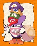  animal_ears bandana bandana_over_mouth boots commentary_request full_body green_headwear halftone halftone_background hands_up hat highres holding holding_sack mario_(series) multiple_hats nabbit new_super_mario_bros._u_deluxe no_humans omochiutyu one_eye_closed orange_background orange_footwear purple_headwear rabbit rabbit_ears red_headwear sack simple_background solo stacked_hats standing v white_background white_bandana yellow_headwear 