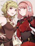  2girls :d absurdres armor bare_shoulders belt black_belt blonde_hair breastplate breasts brown_dress citrinne_(fire_emblem) cleavage commentary covered_navel dress feather_hair_ornament feathers fire_emblem fire_emblem_engage grey_background hair_ornament hairband hand_on_hip highres lapis_(fire_emblem) looking_at_viewer medium_breasts multiple_girls open_mouth peach11_01 pink_eyes pink_hair red_eyes red_hairband red_skirt short_hair simple_background skirt smile upper_body 