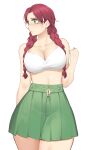  1girl absurdres blush braid breasts cleavage clothing_cutout collarbone cowboy_shot crop_top green_eyes green_skirt hand_up highres isher_(liangzi_tai_hongcha) large_breasts liangzi_tai_hongcha long_hair looking_to_the_side midriff miniskirt narrow_waist navel navel_cutout navel_piercing nose_blush original parted_lips piercing pleated_skirt simple_background skirt slit_pupils solo twin_braids white_background wide_hips 