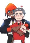  2boys black_eyes black_hair black_hoodie blush closed_mouth collared_shirt commentary_request dark-skinned_male dark_skin earrings frown green_eyes grin hand_up headband heart highres hood hoodie hug hug_from_behind jewelry kabu_(pokemon) looking_at_viewer male_focus multicolored_hair multiple_boys nyoripoke orange_headband pokemon pokemon_(game) pokemon_swsh raihan_(pokemon) shirt short_hair short_sleeves simple_background smile sweatdrop teeth two-tone_hair upper_body v white_background 