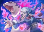  1girl :d akari_(pokemon) black_hair blue_background commentary_request eyelashes fire floating_hair floating_scarf from_below grey_eyes head_scarf hisuian_typhlosion izumi_(2476264) jacket long_hair open_mouth outstretched_arms pink_fire pokemon pokemon_(creature) pokemon_(game) pokemon_legends:_arceus red_scarf sash scarf shirt sidelocks skirt smile teeth 