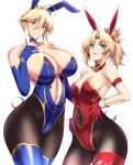  2girls ahoge animal_ears artoria_pendragon_(fate) artoria_pendragon_(lancer)_(fate) bangs bare_shoulders blonde_hair blue_gloves blue_leotard blue_thighhighs blush braid breasts brown_pantyhose choker cleavage collarbone covered_navel crown elbow_gloves fake_animal_ears fake_tail fate/apocrypha fate/grand_order fate_(series) french_braid gloves gold_trim green_eyes hair_between_eyes hand_on_hip height_difference highleg highleg_leotard kumakichi_(cost-lost) large_breasts leotard long_hair looking_at_viewer mordred_(fate) mordred_(fate/apocrypha) mother_and_daughter multiple_girls navel open_mouth pantyhose parted_bangs playboy_bunny ponytail rabbit_ears rabbit_tail red_gloves red_leotard sidelocks small_breasts smile tail thighhighs thighs white_background wrist_cuffs 