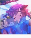  1girl blanket blush cheek_poking close-up closed_eyes covering_with_blanket drooling frilled_pillow frills hair_flaps konotegashiwa_kanenaga lying okanoyuno on_side pillow pink_hair poking sleeping sleeping_upright stuffed_animal stuffed_toy tanuki tenka_hyakken thick_eyebrows zzz 