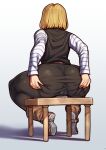 1girl absurdres android_18 ass ass_grab back belt bench black_pantyhose blonde_hair boots brown_footwear cameltoe dragon_ball from_behind grabbing_own_ass highres koohiitei_shinbo long_sleeves pantyhose shade shirt short_hair sitting solo 