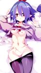  1girl absurdres blue_hair breasts disgaea hair_over_one_eye hairband highres lying nanozenzen nipples on_back on_bed pleinair pointy_ears pussy red_eyes short_hair small_breasts solo uncensored very_short_hair 