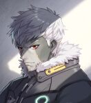  1boy black_jacket closed_mouth colored_skin commentary_request fur-trimmed_jacket fur_trim grey_hair grey_skin highres jacket lanz_(xenoblade) looking_at_viewer male_focus procreate_(medium) red_eyes shiranuihakase solo thick_eyebrows upper_body v-shaped_eyebrows xenoblade_chronicles_(series) xenoblade_chronicles_3 
