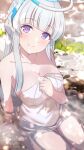  1girl blue_archive blush breasts closed_mouth collarbone halo highres large_breasts long_hair looking_at_viewer naked_towel noa_(blue_archive) onsen partially_submerged purple_eyes shiitake_taishi sitting smile solo towel water white_hair white_towel 