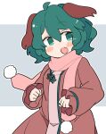  1girl ahoge animal_ears bangs blush dog_ears dress fang green_eyes green_hair hair_between_eyes ini_(inunabe00) kasodani_kyouko long_sleeves open_mouth pink_dress pink_scarf pom_pom_(clothes) scarf short_hair skin_fang solo touhou two-tone_background upper_body 