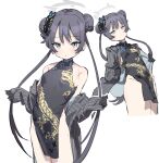  1girl :o applepie_(12711019) aqua_eyes bangs bare_shoulders black_dress black_gloves black_hair blue_archive blush breasts butterfly_hair_ornament china_dress chinese_clothes coat double_bun dress gloves hair_bun hair_ornament halo highres kisaki_(blue_archive) long_hair long_sleeves looking_at_viewer multiple_views open_clothes open_coat parted_lips pelvic_curtain side_slit simple_background small_breasts striped striped_coat twintails white_background 