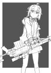  1girl ahoge bolt_action cheytac_m200 collared_shirt commentary_request feet_out_of_frame girls&#039;_frontline gloves grey_background greyscale gun hair_between_eyes highres holding holding_gun holding_weapon jacket long_sleeves looking_at_viewer m200_(girls&#039;_frontline) medium_hair monochrome nakiusagi off_shoulder pleated_skirt rifle scope shirt simple_background sketch skirt sniper_rifle solo weapon 