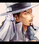  1boy animal_on_shoulder bird bird_on_shoulder black_hair closed_mouth coat coat_on_shoulders collared_coat facial_hair from_side goatee hat hattori_(one_piece) high_collar highres lips long_hair looking_at_viewer looking_away male_focus necktie one_piece profile rob_lucci top_hat tsuyomaru twitter_username 