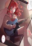  absurdres bangs bocchi_the_rock! bow cellphone crossed_legs green_eyes guitar hair_between_eyes highres holding holding_instrument instrument kita_ikuyo one_side_up phone red_bow red_hair smartphone strings-lover tagme taking_picture translation_request 