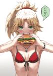  1girl bangs bare_shoulders bikini blonde_hair braid breasts burger collarbone commentary_request eating fate/grand_order fate_(series) food french_braid green_eyes highres jewelry long_hair looking_at_viewer mordred_(fate) mordred_(swimsuit_rider)_(fate) navel necklace open_mouth parted_bangs ponytail red_bikini sidelocks small_breasts solo speech_bubble swimsuit tonee translation_request 