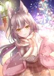  1girl animal_ear_fluff animal_ears artist_name bangs blurry blurry_background breasts brown_hair brown_scarf brown_skirt chisaka_airi christmas_tree coat colored_inner_hair commentary_request commission flower hair_flower hair_ornament hairclip highres lamppost large_breasts light_particles long_hair long_sleeves looking_at_viewer mashiropuni multicolored_hair nail_polish outdoors phase_connect pink_coat pink_hair pink_nails plaid plaid_skirt scarf skeb_commission skirt sleeves_past_wrists smile snowing solo streaked_hair sweater virtual_youtuber watermark white_hair white_sweater winter wolf_ears wolf_girl yellow_eyes 